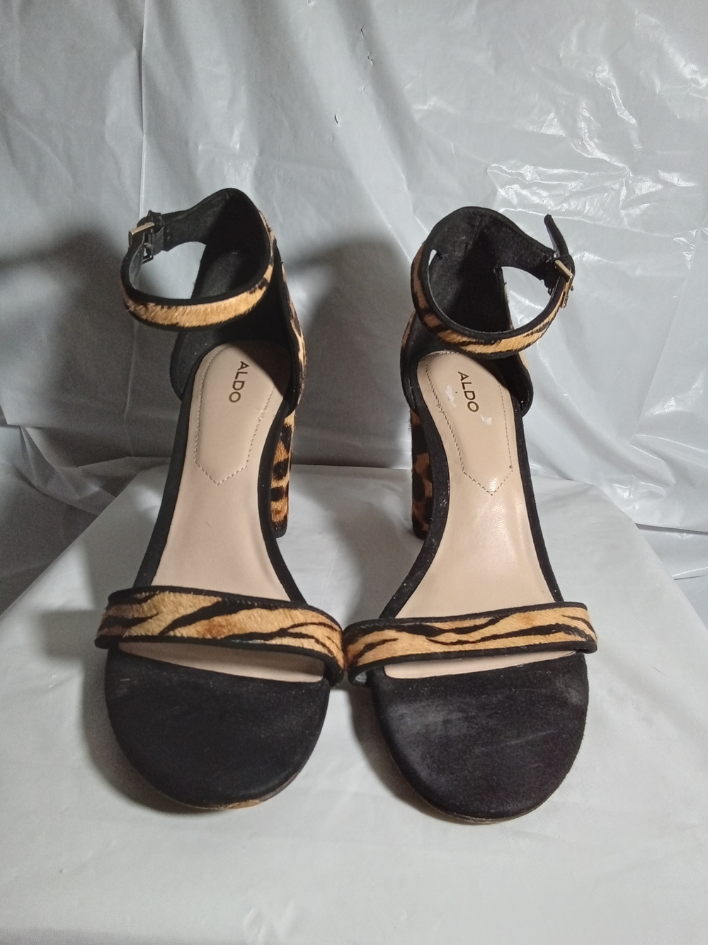 ALDO Women's Leopard Printโ Ankle Strap Heels - Black & Tan 7.5